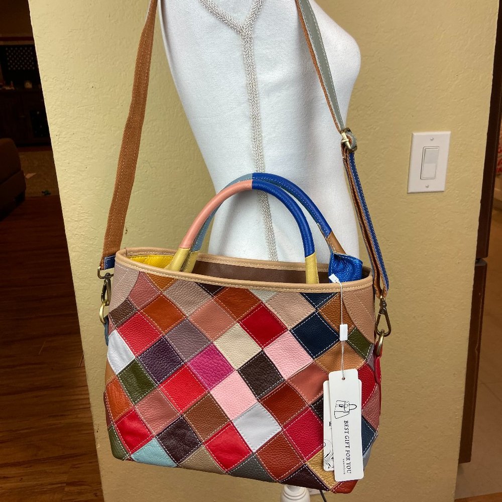 NWT HESHE Colorful Leather Hobo Patch Shoulder Bag